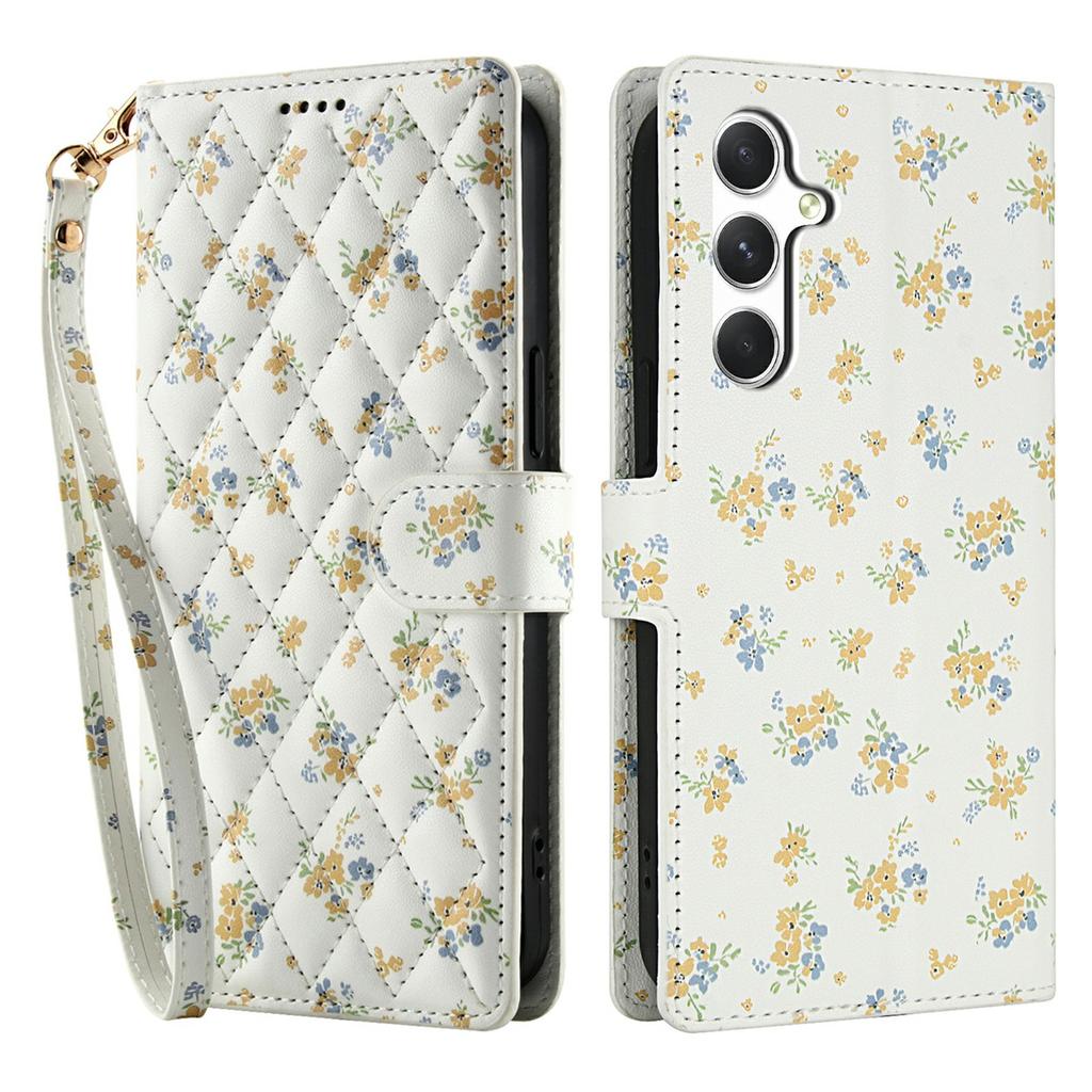 For Samsung Galaxy A25 5G (Global) (161.0 x 76.5 x 8.3mm) Wallet Case Rhombic Floral Design Leather Flip Phone Cover with Strap