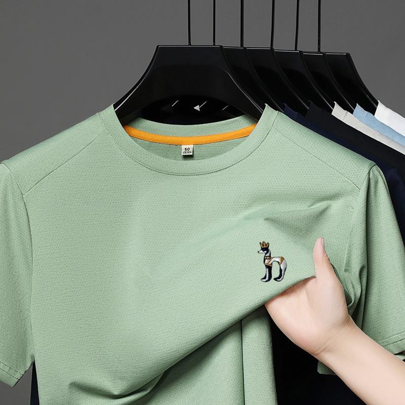 Wovey Mode Minimalistisch Heren O-hals Korte Mouw T-shirt Zomer Prachtig Hond Borduurwerk Halve Mouw Luxe Vrijetijd Herenkleding 4XL
