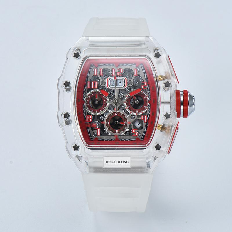 

2025новый спот, шестистрелочные многофункциональные часы с бегущей секундной стрелкой, гравировкой, полые кварцевые часы, часы унисекс красный