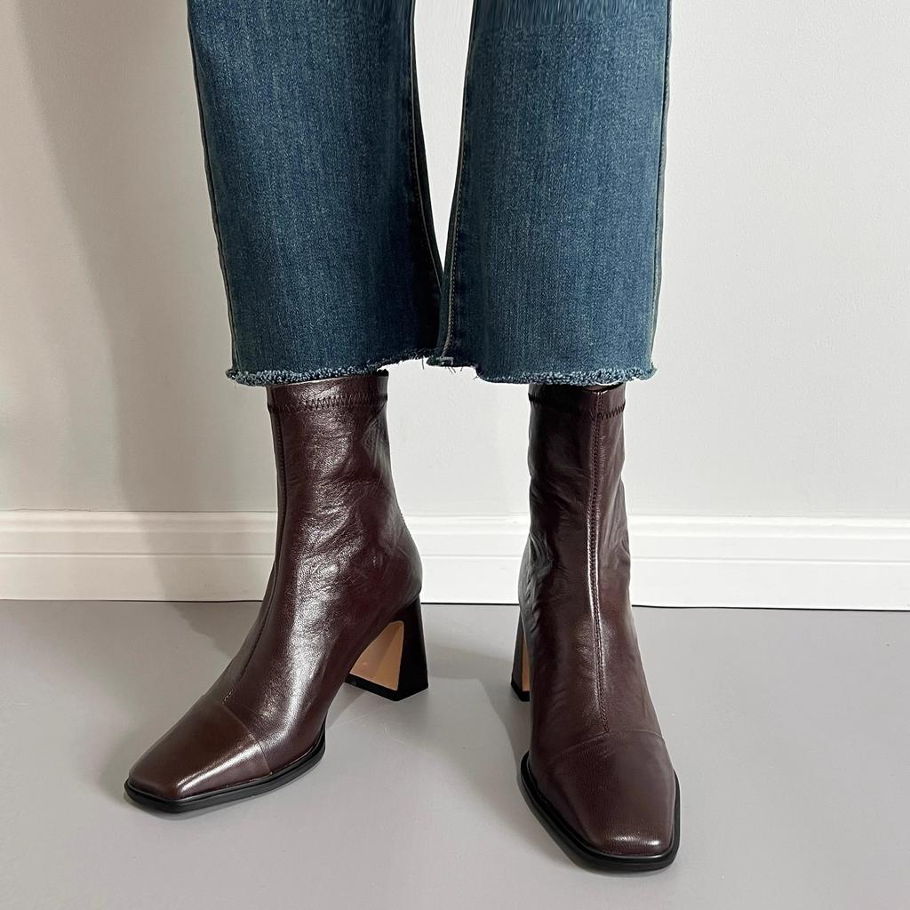 Sheepskin Version~ Square Head French Temperament Thick Heel Short Boots Women's Rear Zipper Commuting Thin Boots Retro Martin Boots Single Boots