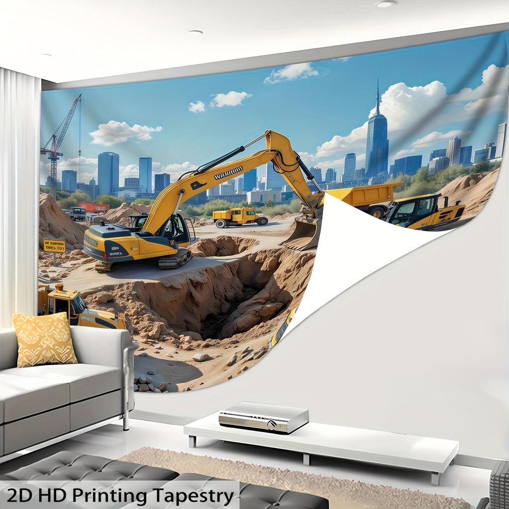 Construction Site Tapestry, Excavators and Dump Trucks Working, City Building Scene Wall Art for Kids Room Living Room Decor