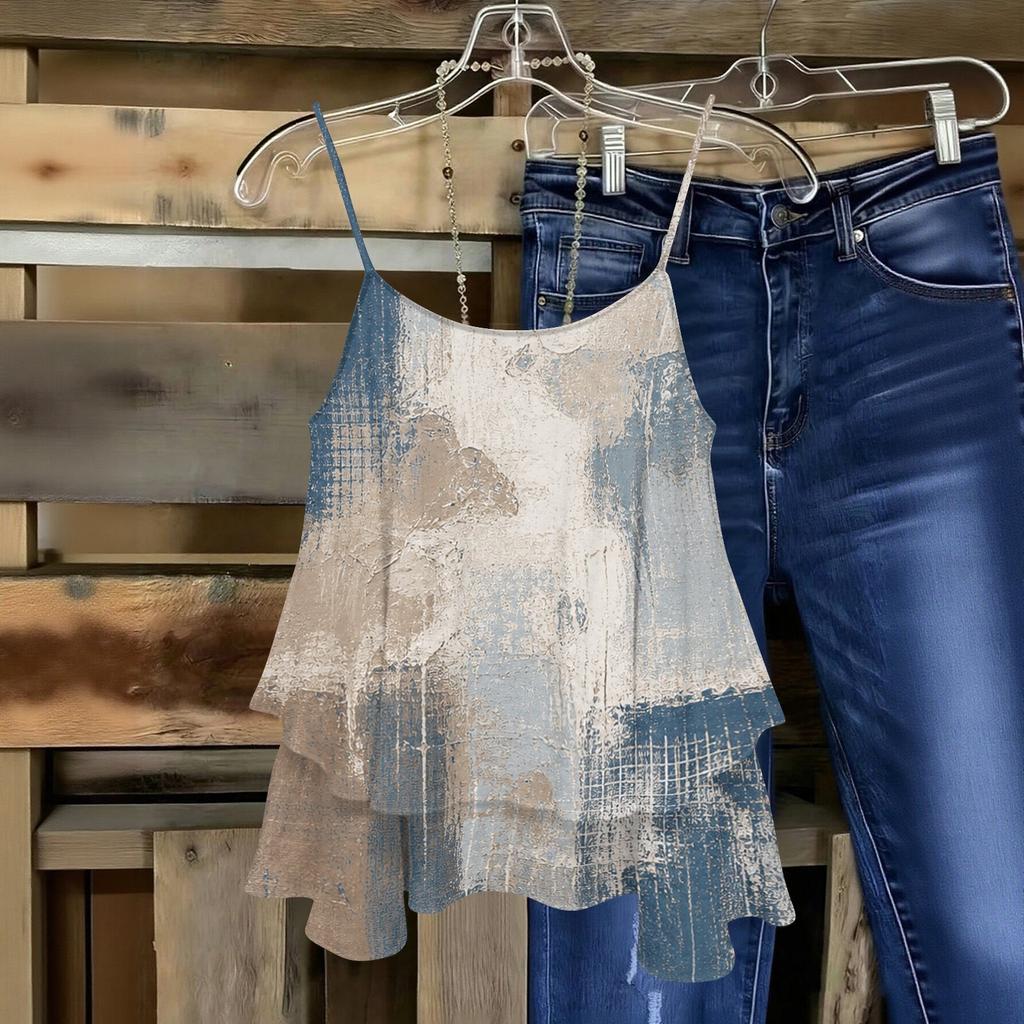 Women Sleeveless Double Layer Camisole Top Geometric Print Spaghetti Strap Summer Blouse Casual Lightweight Tank