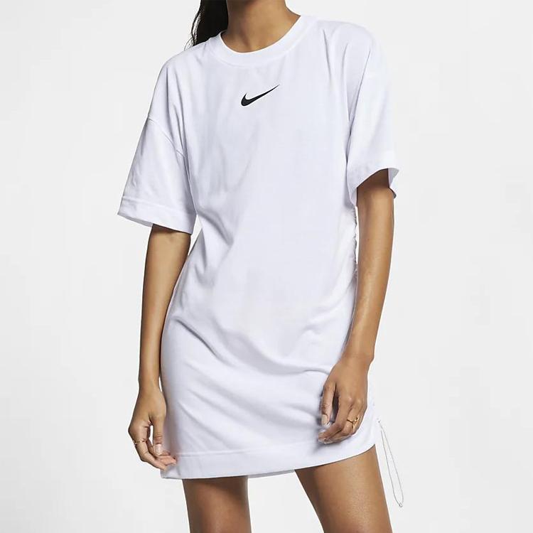 Nike Sportswear Swoosh Logo Side Drawstring Back Sports Casual Comfortable Breathable Short Sleeve Dress Women dresses White BQ7961-100