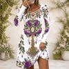 Women s Criss Cross V Neck Long Sleeve Printed Dress Black Blue Green Mandala Curved Hem