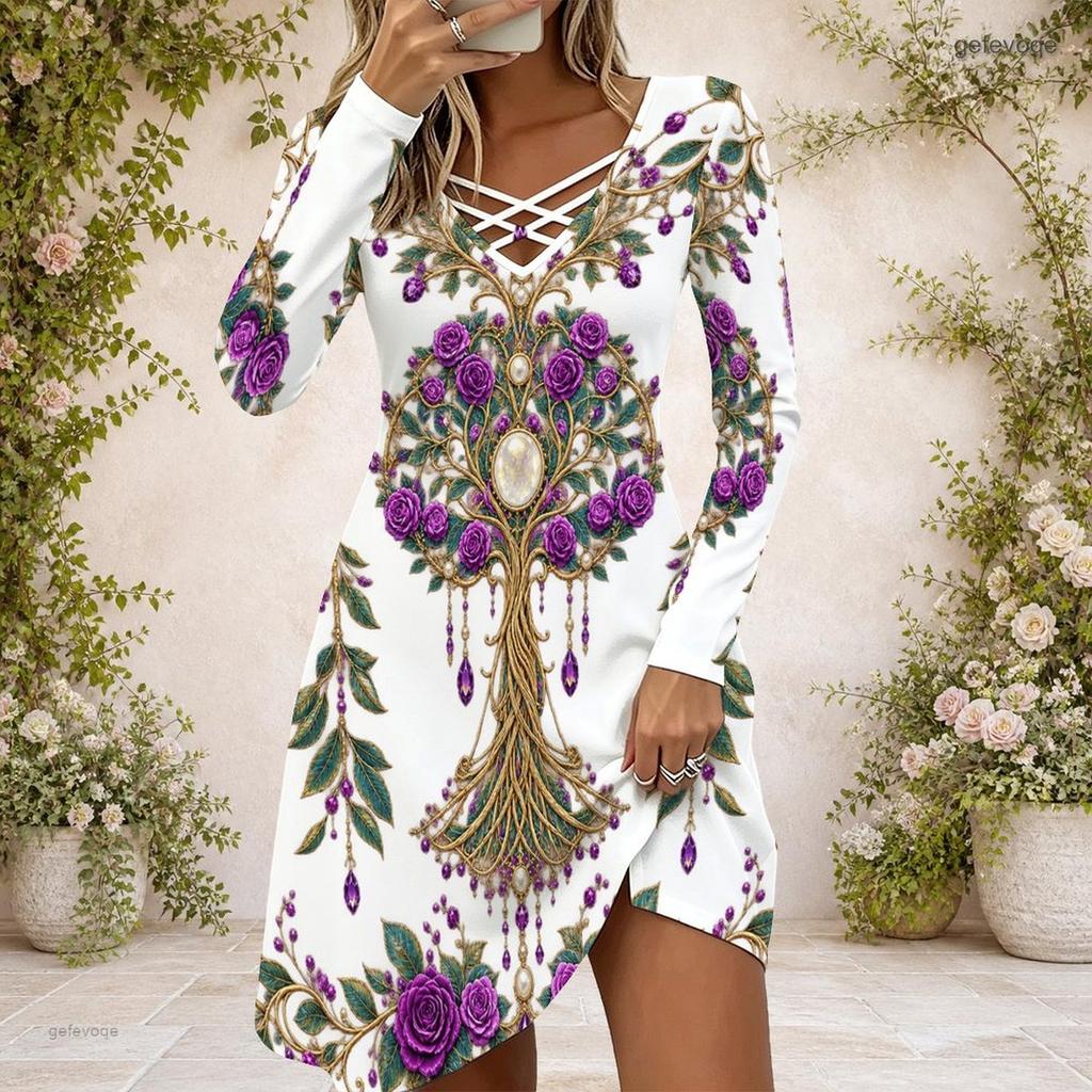 Women s Criss Cross V Neck Long Sleeve Printed Dress Black Blue Green Mandala Curved Hem