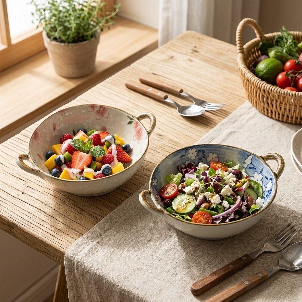 Japanese Irregular Ceramic Bowl with Double Handles, Soup Noodle Salad Fruit Serving Bowl for Home Tableware