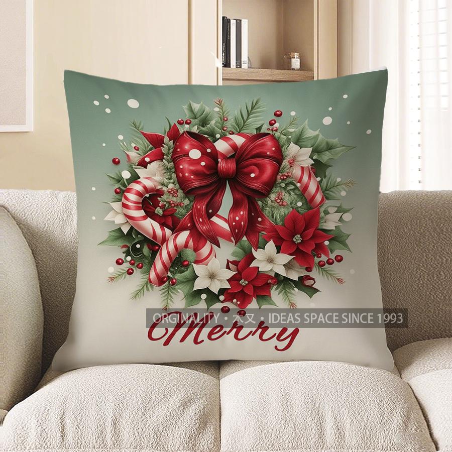 Home Decor Christmas Wreath With Candy Cane And Bow Pillow Pattern Cushion Cover Suitable For Sofa Bedroom Car Pillow Cover