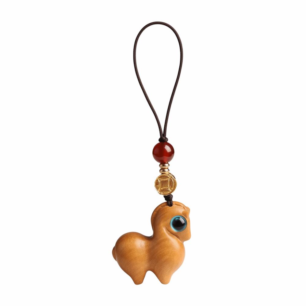 Pendentif de Sac Dessin Animé Bois de Santal Style Chinois Porte-Clés Cheval Mignon Unisexe
