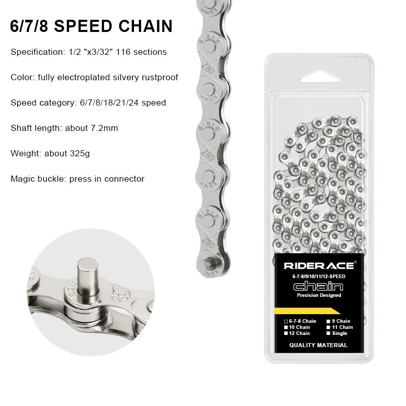 RIDERACE Bicycle Chain 116L 8 9 10 11 12 Speed Silver Ultralight Mountain Road Bike Chain For 24/27/30 Variable Speed Chain