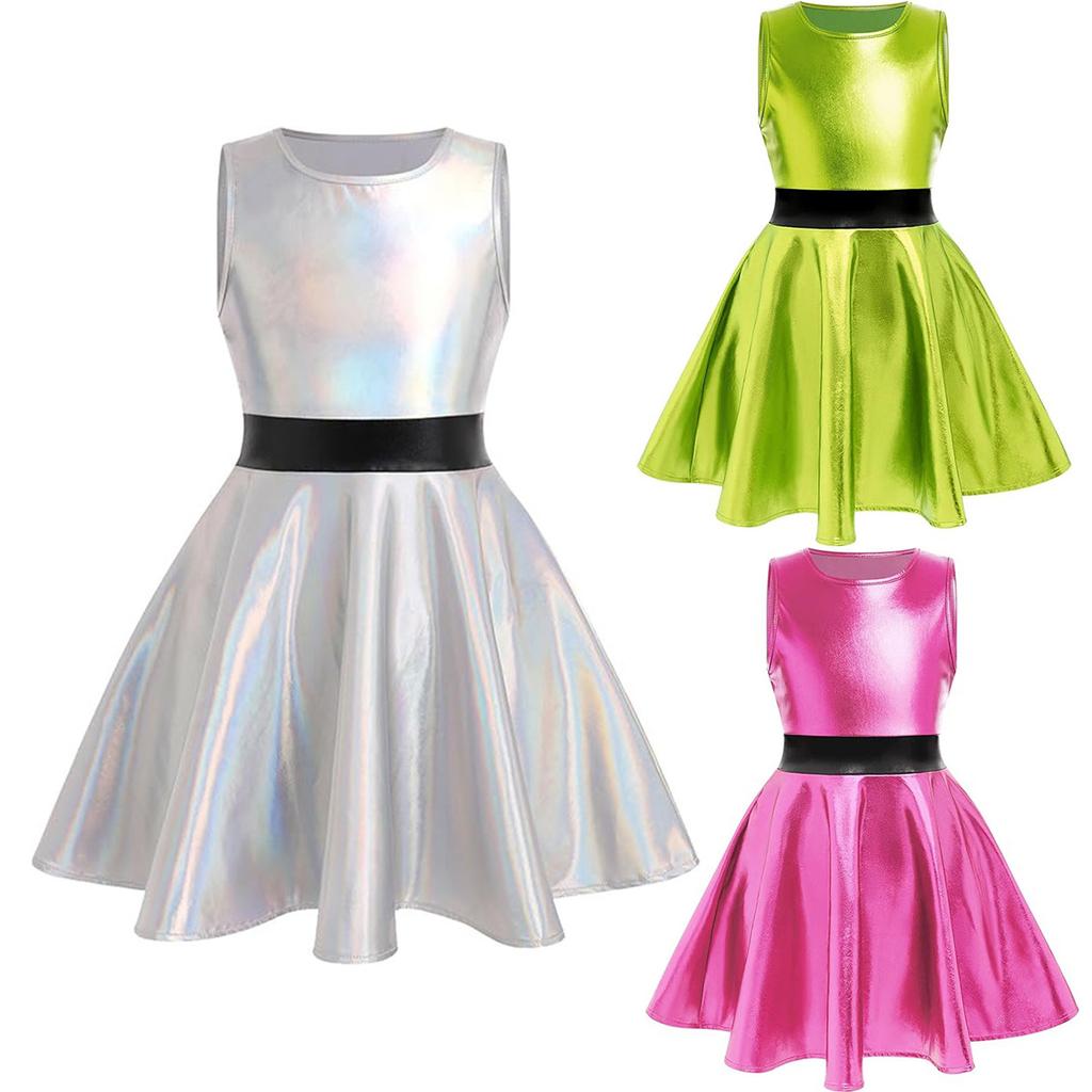 Girls Metallic Party Dress Sleeveless Round Neck A Line Design Contrast Waist Invisible Zipper Halloween Outfit