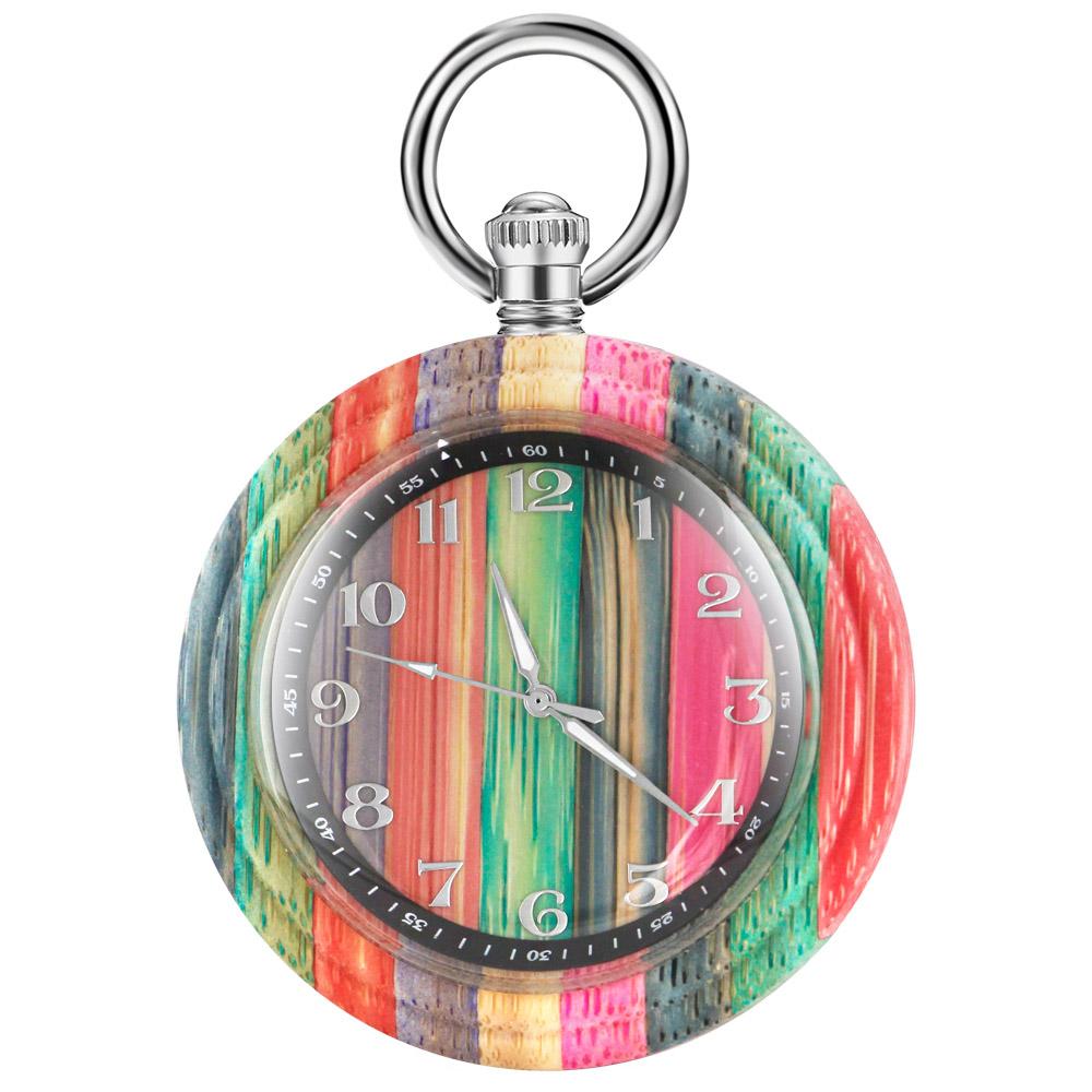 

Wooden Pocket Watches for Men Women Colorful Bamboo Analog Quartz with Chain Gifts for Father Mother Birthdays