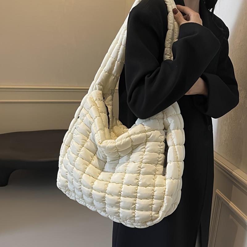 Large Capacity Quilted Shoulder Bags for Women Solid Color Winter Fashion Padded Quilted Hobo Bags