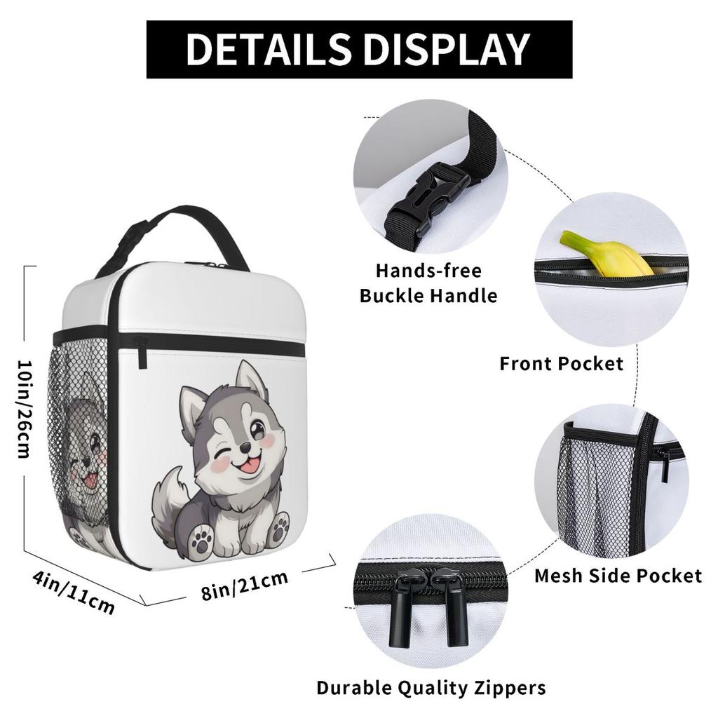 Cute Winking Kawaii Husky Insulated Lunch Bag for Women Kids Portable Food Boxes Thermal Lunch Box Tote