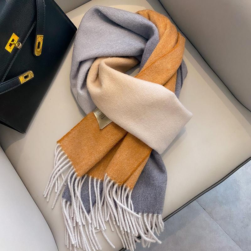 Gradual change color pure wool scarf women's winter versatile tassel long double-sided color large shawl dual-purpose new