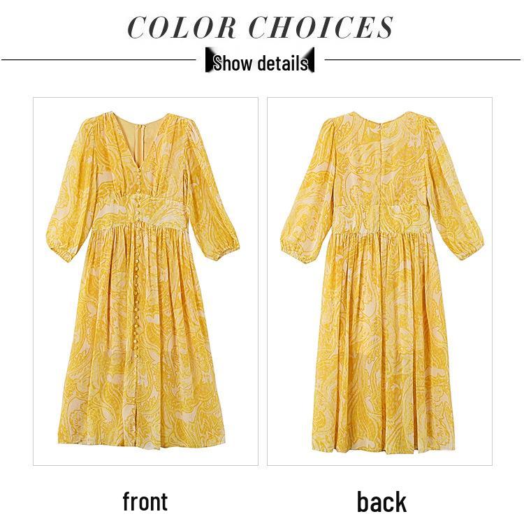 V-Neck Yellow Floral Tencel Chiffon Dress for Beach Vacation