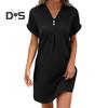 Summer Mini Dress Short Sleeves V Neck Loose Pure Color Dress Bohemian Buttons Casual Dress for Beach Vacation Daily Wear