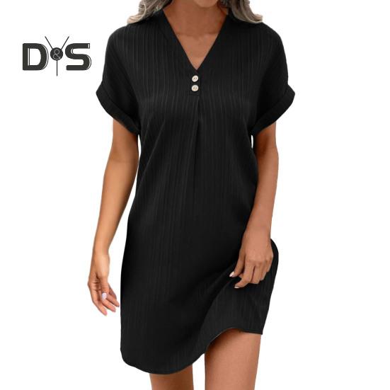 Summer Mini Dress Short Sleeves V Neck Loose Pure Color Dress Bohemian Buttons Casual Dress for Beach Vacation Daily Wear