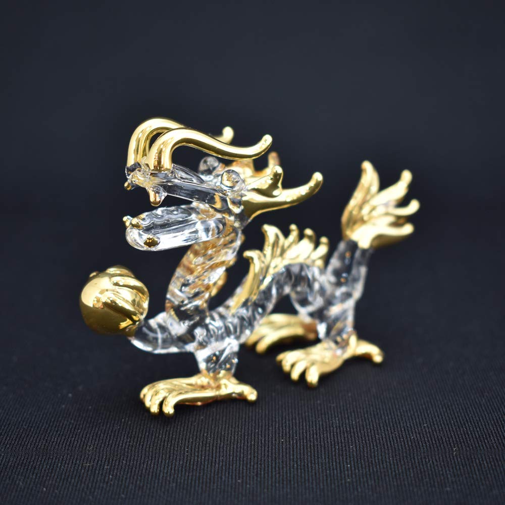 Handmade Glass Emperor Dragon with Golden Orb, Small