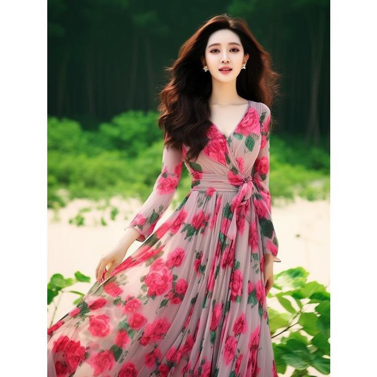 Schickes französisches Urlaubs-Kleid Blumenprint V-Ausschnitt Rosa Taillenband Strand-Outfit für Damen Sommer-Mode