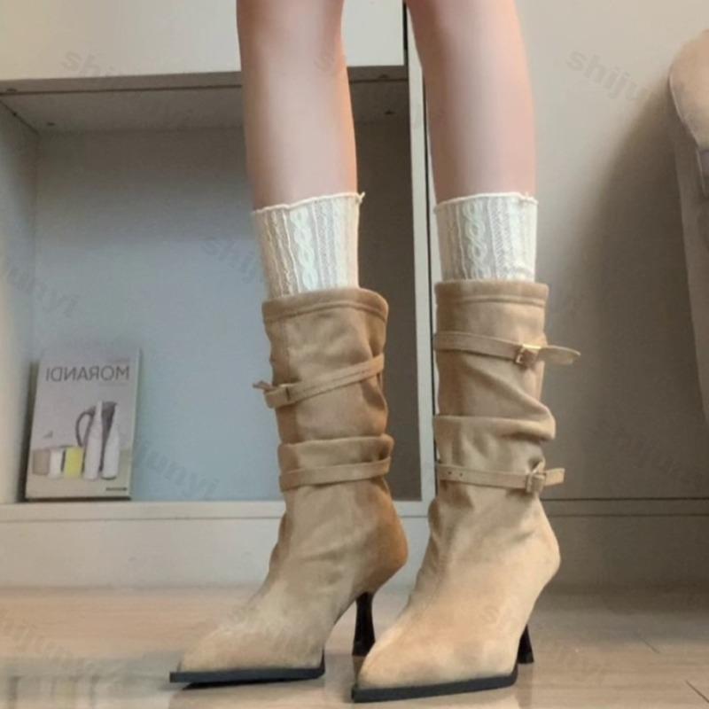 Women Ankle Boots Pointed Toe Suede High Heels Thin Heel Buckle 2026 Autumn French Outdoor Short Boots Fashion Botas De Mujer