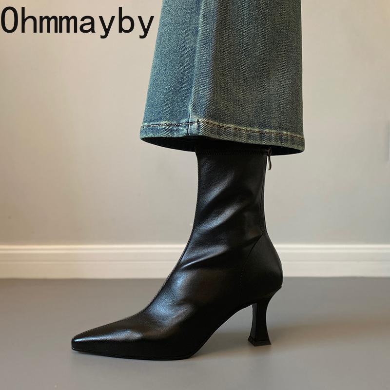 Autumn Winter Pointed Toe Women Ankle Boots Zipper Shoes Street Style Thick High Heels Modern Short Botas Mujer