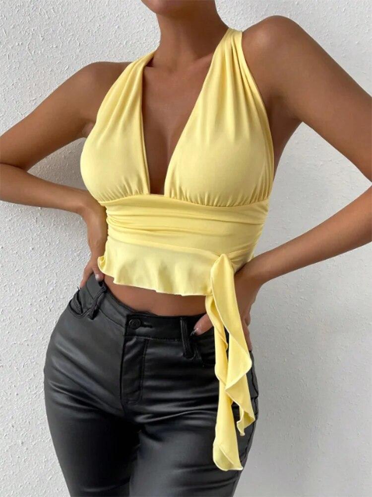 Women's Sexy Tight Fitting Deep V-neck Pleated Top Tight Fitting 2025 Spring Beach Resort Nightclub New Model Women's Sexy Tigh