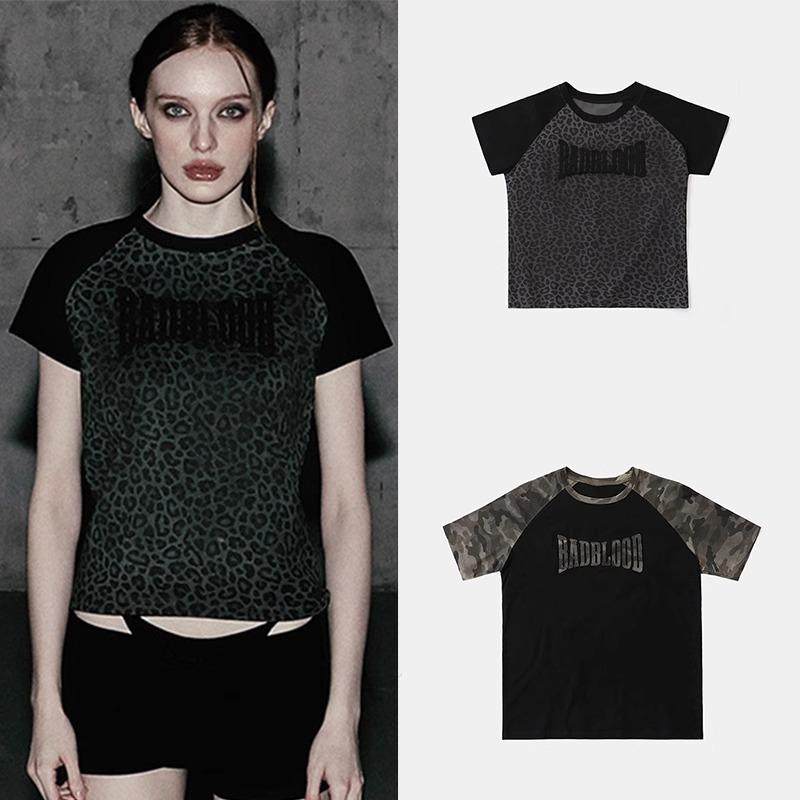 Korean Badblood BCAC Series Leopard Print Spicy Girl Raglan T-Shirt - Women's Niche Short-Sleeve Summer Top