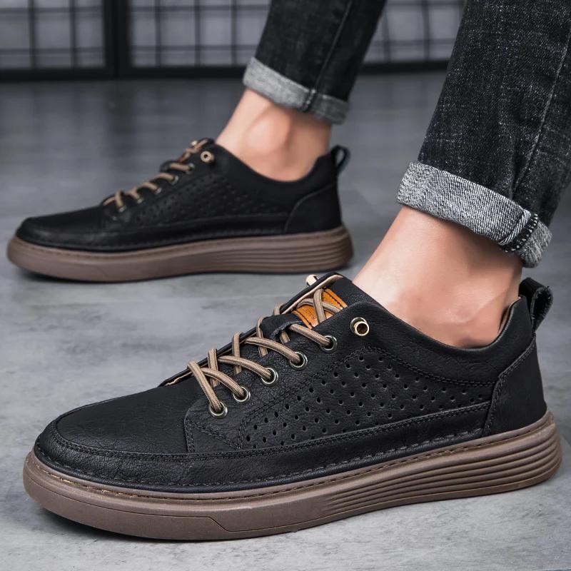 Fashion Comfortable Soft Sole Casual Shoes Men's Lace Up Oxford Shoes Cowhide Thick Bottom Outdoor Wear Resistant Non-slip Walking Shoes