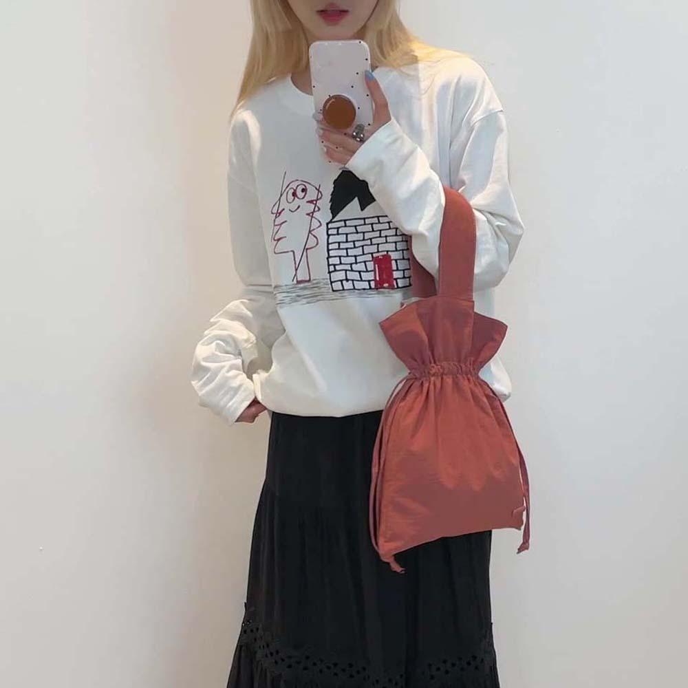 Large Capacity Solid Color Handbag Portable Pleated Bucket Bag Nylon Drawstring Bag  Shopping