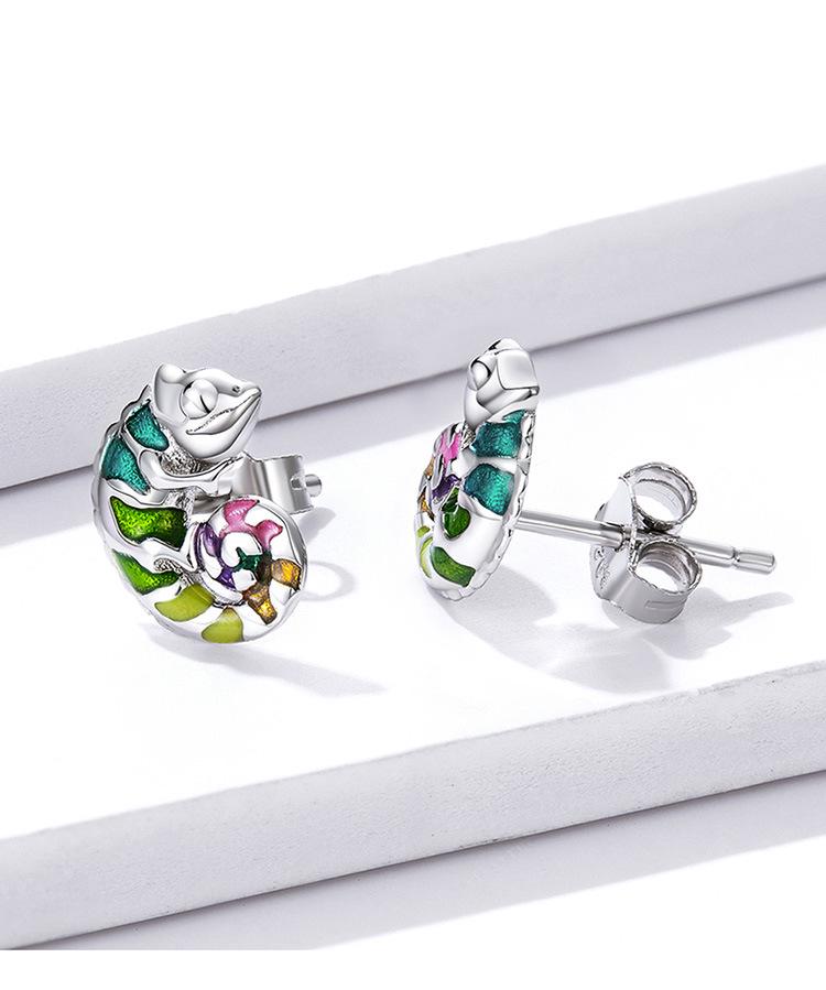 Yin Ziyun Platinum-Plated Chameleon Earrings: Cute Animal S925 Silver for Men & Women - Model BSE587