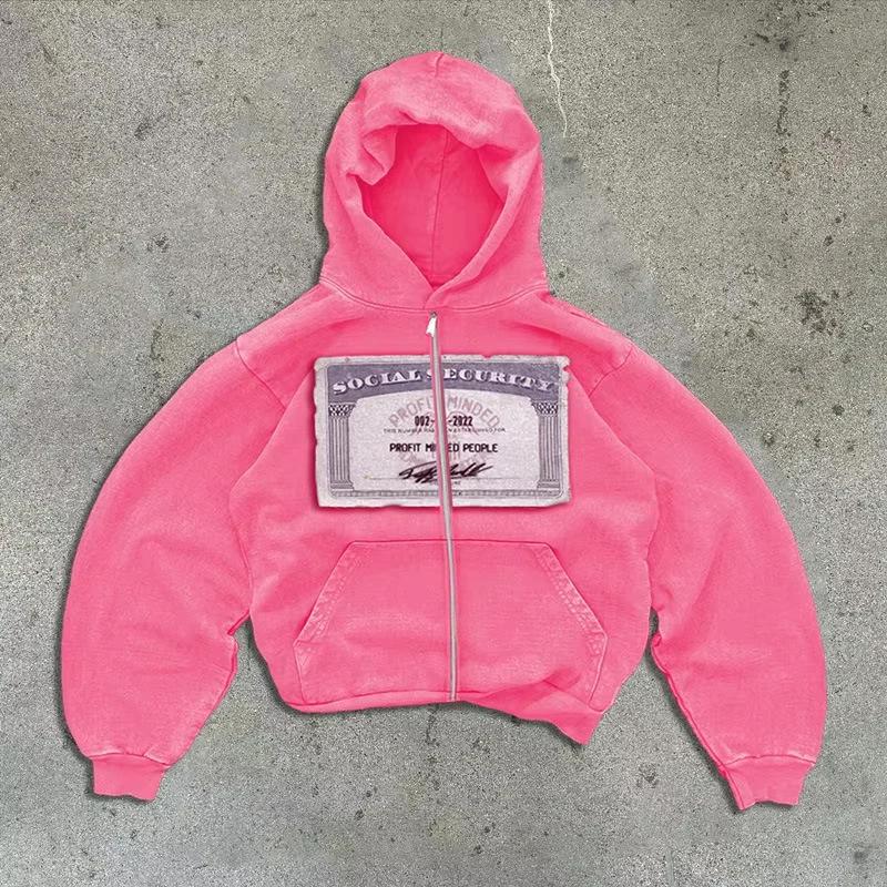 Evropský a americký podzimní a zimní retro trend módní ležérní volná tištěná mikina s kapucí na zip