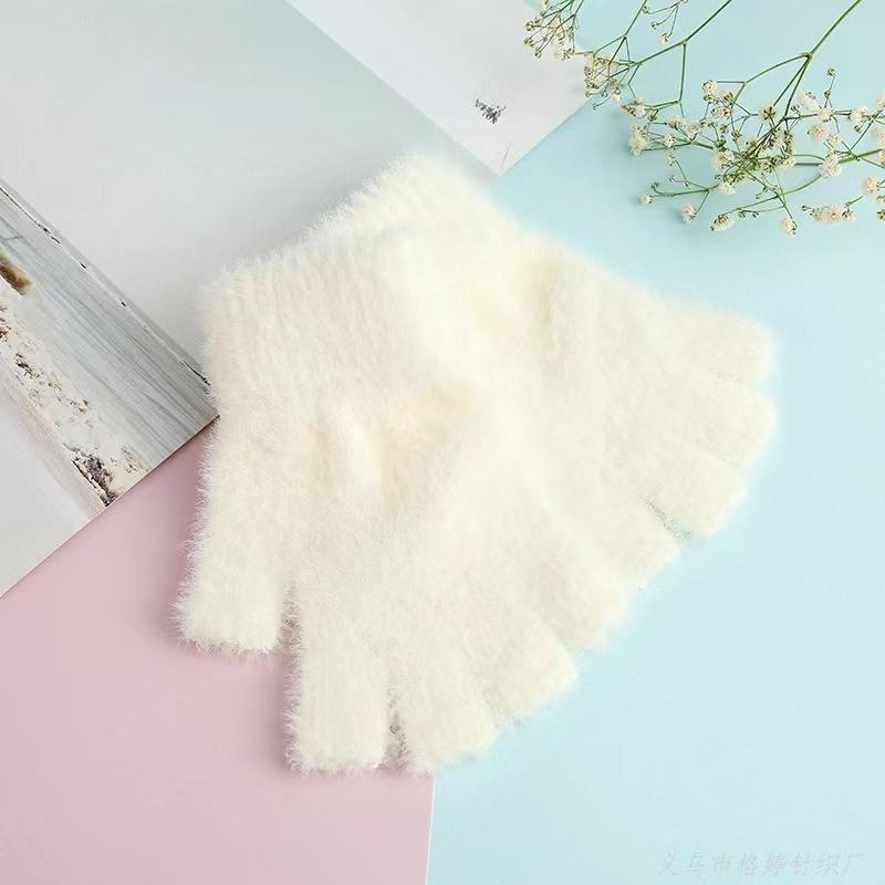 Winter Thickened Coral Velvet Half finger Gloves Solid Color Simple and Fashionable Plush Knitted Gloves  Velvet Warm Gloves