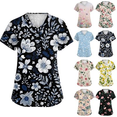 Women's Fashionable V-neck Short-Sleeved Work Top With Double Side Slits And Pockets, Featuring A Retro Floral Print.