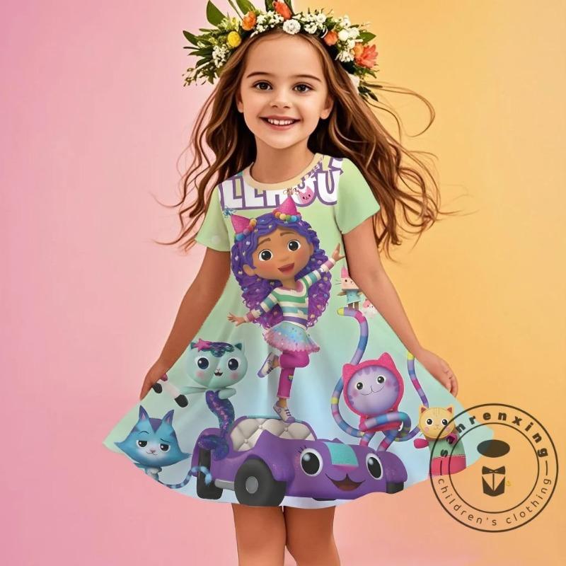 Rochie drăguță cu mânecă scurtă, cu model de desene animate la modă imprimat 3D, Cosplay, Haine pentru fete tinere, Casa de păpuși a lui Gabby, Haine de mare, Dulce