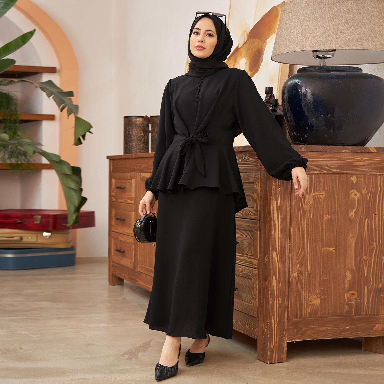 

Костюм с юбкой спереди на пуговицах, мусульманский женский исламский комбинированный комплект, новый сезон, стиль с поясом, элегантная мода, сделано в турецком стиле