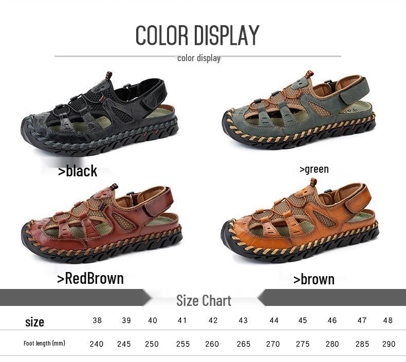 Men's Handmade Velcro Cowhide Mesh Beach Sandals - Summer Casual Breathable Outdoor Shoes