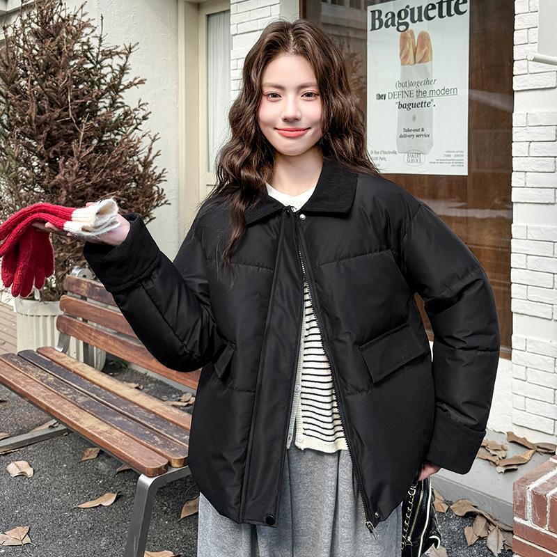 

Cold-proof clothing women s short corduroy contrasting lapel collar winter new girlfriend casual cotton-padded clothing, cotton-padded clothing S чёрный