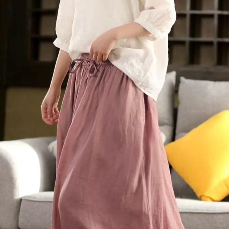 Johnature Women Vintage Patchwork Skirts Solid Color Elastic Waist Cloths Summer Loose Belt Female Skirts