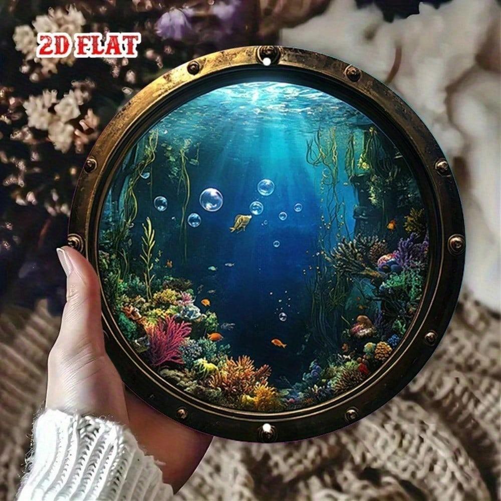 Vintage Nautical Metal Wall Art Round Porthole Sign Underwater Fish Coral Decor
