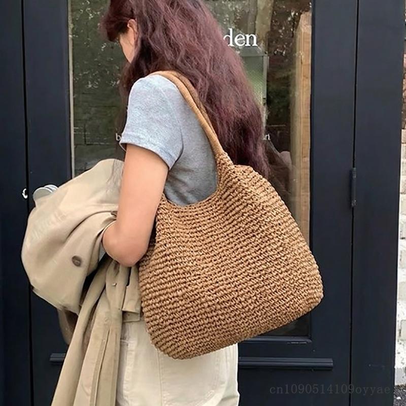 Fashion Women's Straw Tote Bag Large Capacity Woven Beach Bag Square Solid Color Casual Shoulder Bag Beach Bag Summer Daily Bag