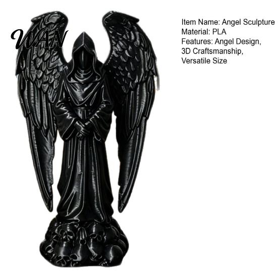 Gothic Angel Decor 3D Printed Sculpture Decoration, Dark Decoration with Detailed Feather Texture, Matte Black Figurine for Home Office Halloween Gift