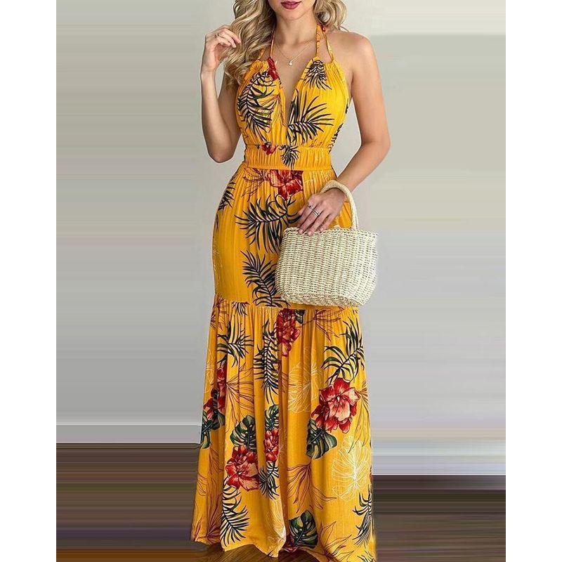 European and American-Style Printed Backless Maxi Dress