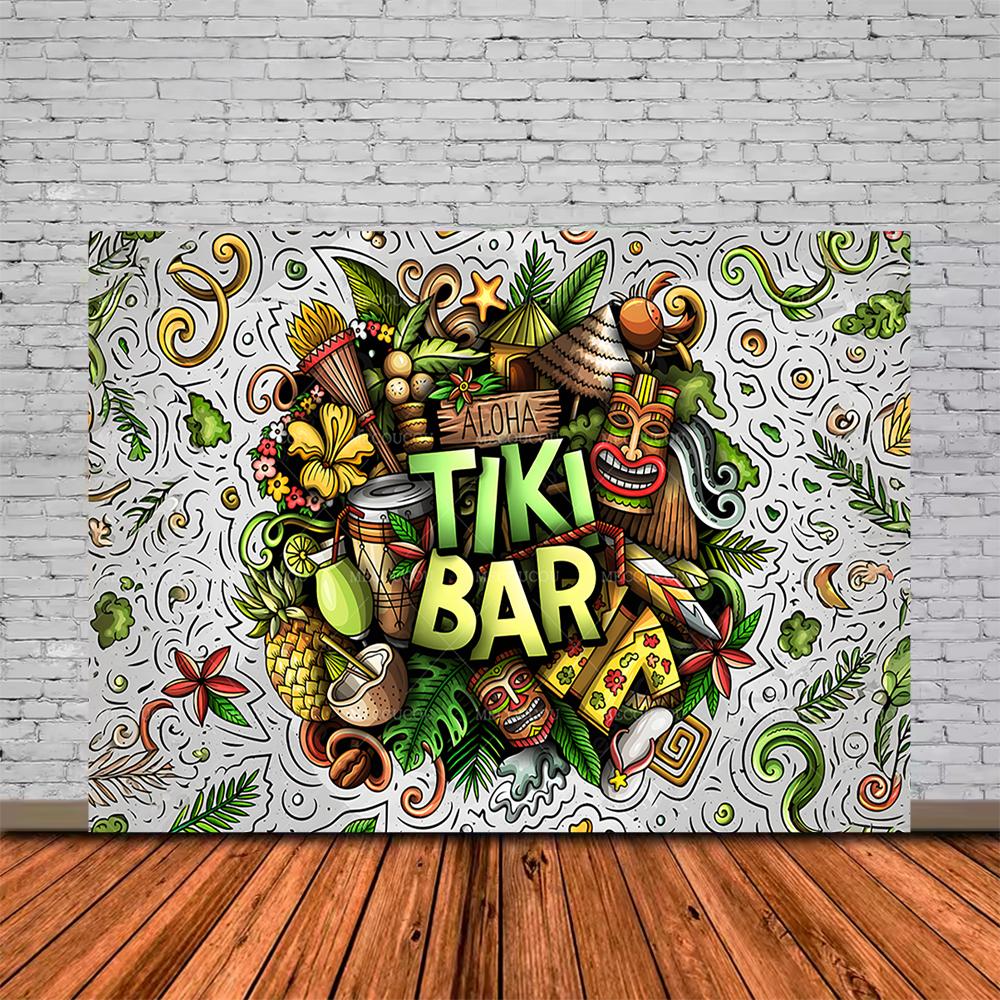 Tropische Tiki Bar Fotografie Hintergrund Blume Totem Banner Hawaii Meeresblick Hintergrund Babyparty Kindergeburtstagsparty Dekoration