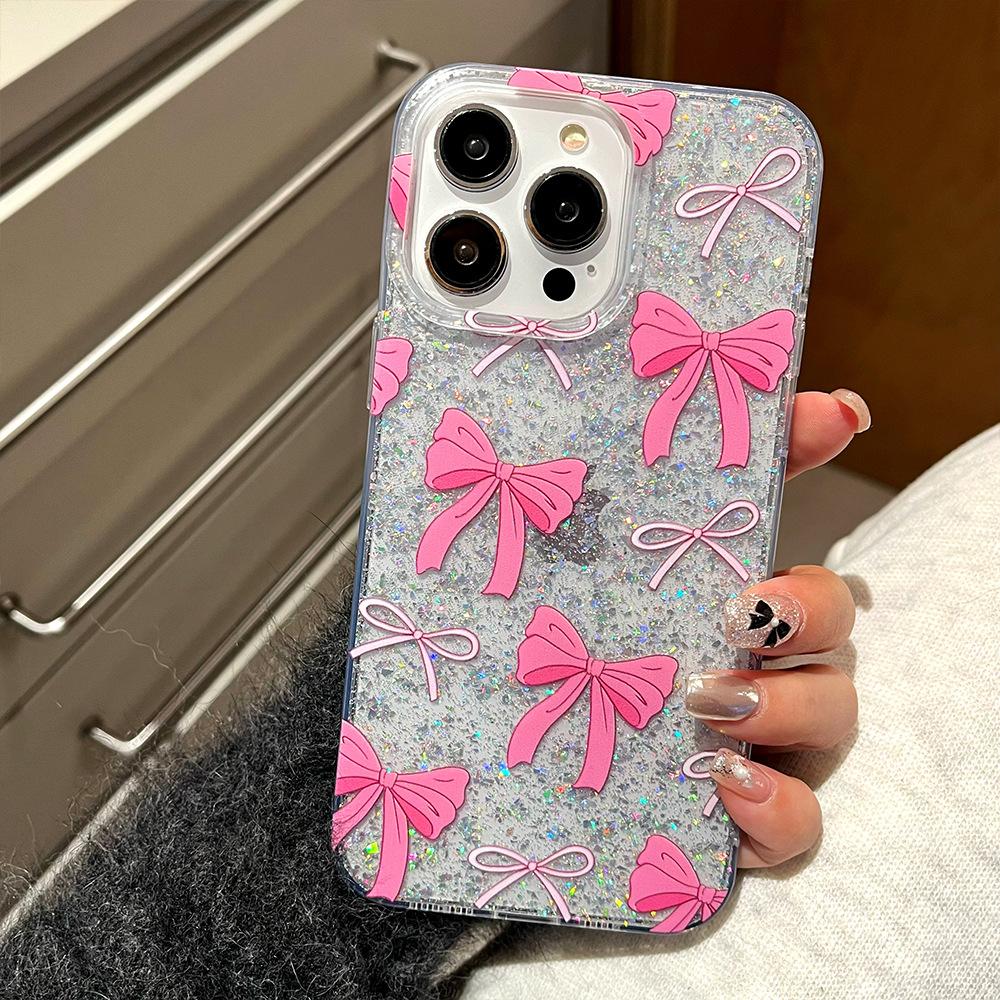 New Glitter Pink Bow Suitable for Apple 16 Mobile Phone Case for Women Iphone15pro Anti Fall 14tpu Protective Case 13