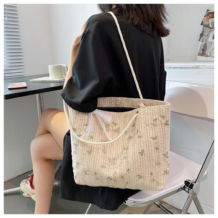 Simple Straw Style Straw Tote Bag with Bow Knot Single Shoulder Handbag for Women