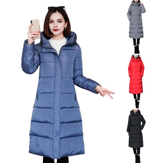 Winter Down Coat Thickened Padded Hooded Stand Collar Knee Length Pockets Zipper Closure Windproof Heat Retention Warm Daily Outwear Cotton Jacket