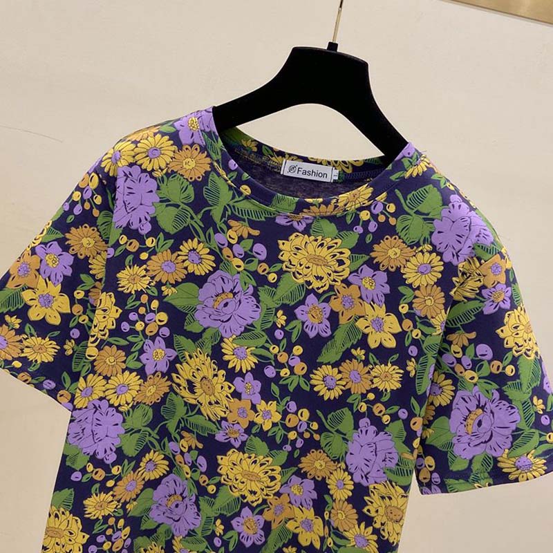 Tops Women Cotton Summer Large Size T-shirt Round Neck Loose Printed Casual Pullover T-shirt Top