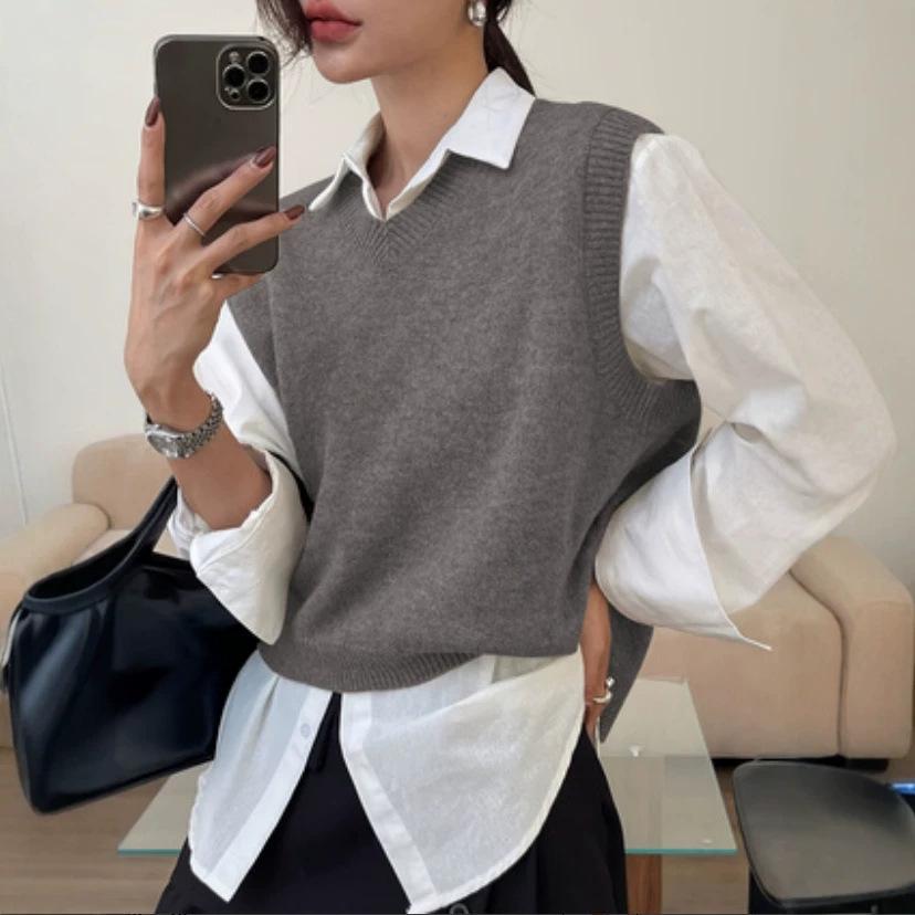 Korean Style Solid Color V-neck Knit Vest - Women's Short Ribbed Sleeveless Top