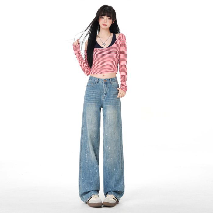 Early Spring Light Blue Narrow Full Rhinestone High Waist Non Stretch Slim Trendy Denim Pants Women Casual Pants Oversize Denim Trousers