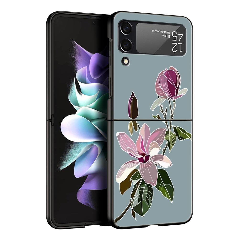 Flower Phone Case For Samsung Galaxy Z Flip3 Flip4 Flip5 PC Bumper Shell For Z Flip 3 4 5 Black Hard Folding Back Cover
